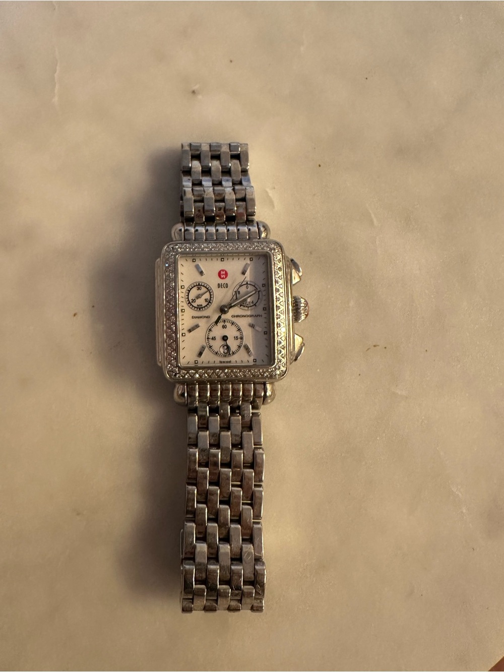 Michele Silver Stainless Steel Deco Diamond Accent Women's Watch